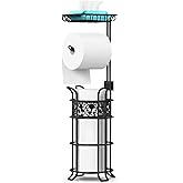 Toilet Paper Holder Stand with Shelf, Free Standing Toilet Paper Roll Dispenser Holds 3 Big Rolls of Jumbo Mega Paper, for RV Bathroom, Floral Pattern, Black