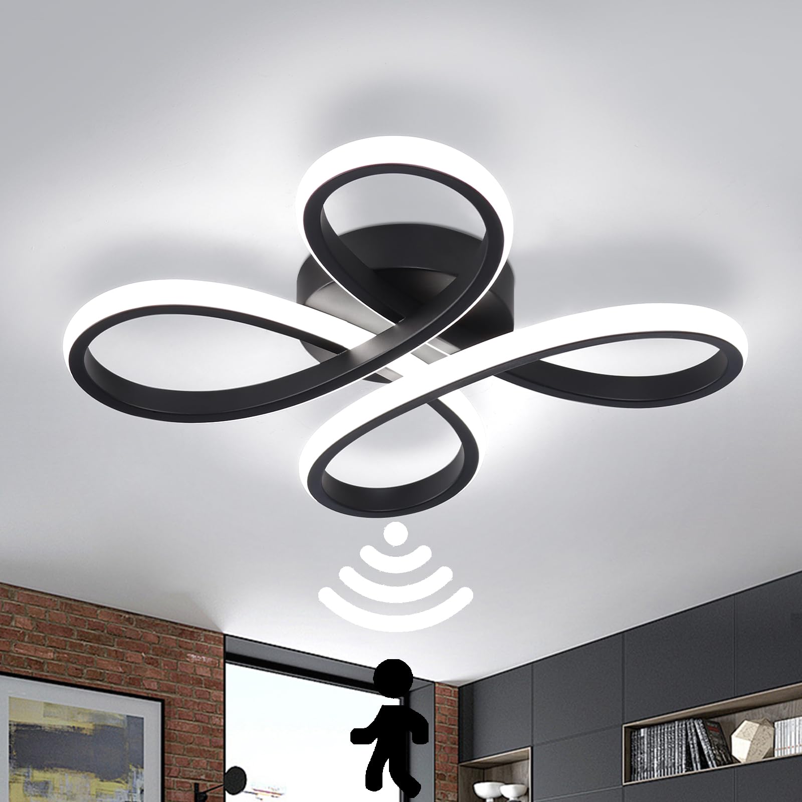 EIDEARAY LED Ceiling Light with Motion Sensor Indoor 23W Cool White 6000K Ceiling Light, 29 x 29 x 9 cm Sensor Lamp for Hallways,Corridors,Garages,Bathrooms,Basements,Staircases (Black)