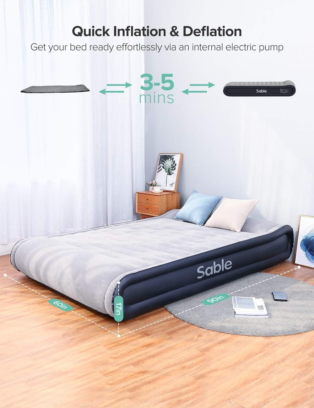 Sable Air Mattresses Queen Size Inflatable Air Bed with Built-in Electric Pump & Storage Bag, Comfortable for Camping Travelling or Overnight Guests, Height 17": Home & Kitchen