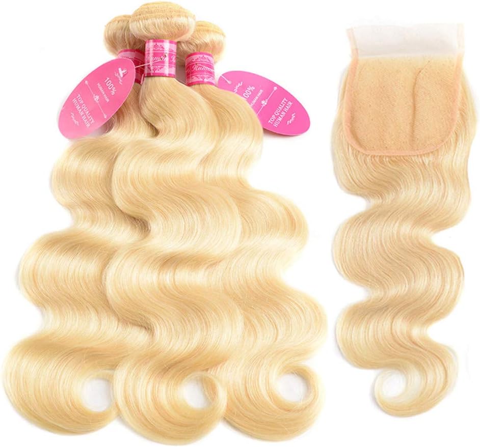 613 Closure with 3 Bundles Brazilian Blonde Body Wave Bundles with Lace Closure 100% Body Wave Virgin Remy Hair Weft Human Hair Bundles with Transparent Color Swiss Lace Closure(18 20 22+16, 613)