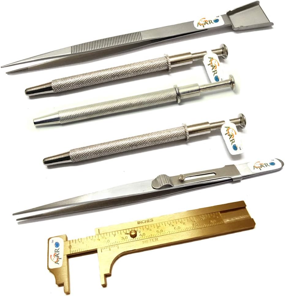 ATAR 6 Pcs Holder Pick-up Gemstone Tool 3,4, 5 Prong Tweezers, Slide Lock & Shovel Tweezer & Vernier Caliper for Diamond, Gems, Stone, Jewellery Tool Tweezers & Measuring Tool