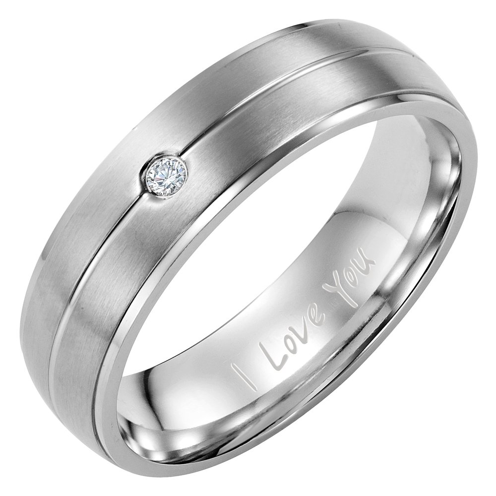 Willis Judd Mens Titanium Ring Engraved I Love You in Black Velvet Ring Box Cz Stone