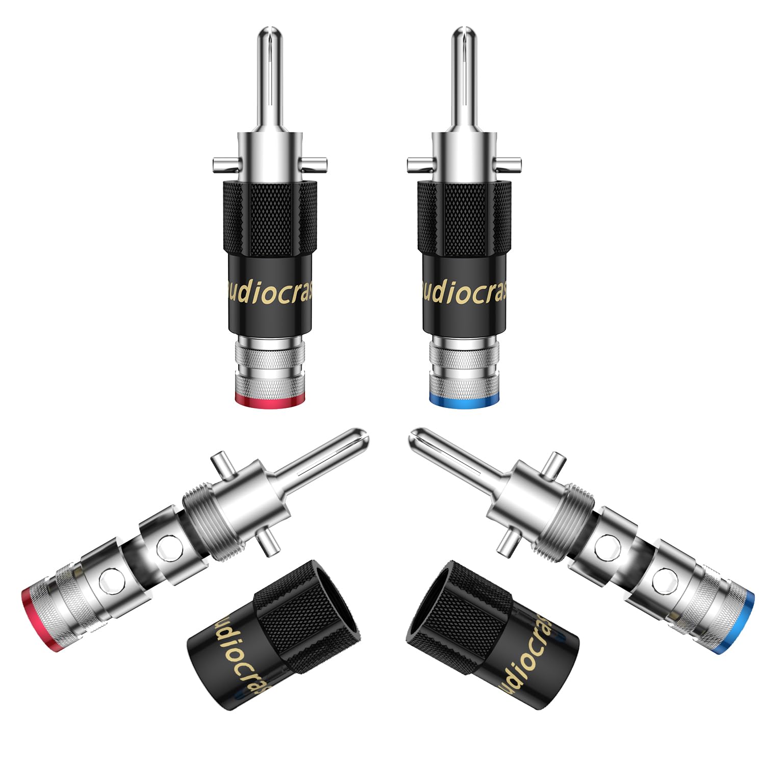 Audiocrast Spreizbar Bananenstecker Self Locking Banana Plugs For Speaker Cable Up To 8.5mm (4, Rhodium Plated)