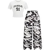 OYOANGLE Girl's 2 Piece Outfits Y2K Short Sleeve Ruched Graphic Tee and Camo Cargo Pants Clothing Set