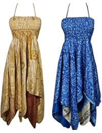 Lot Of 2 Lara Womens Beach Dress Recycled Sari Handkerchief Hem Summer Halter Dress S/M
