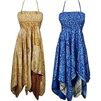 Lot Of 2 Lara Womens Beach Dress Recycled Sari Handkerchief Hem Summer Halter Dress S/M
