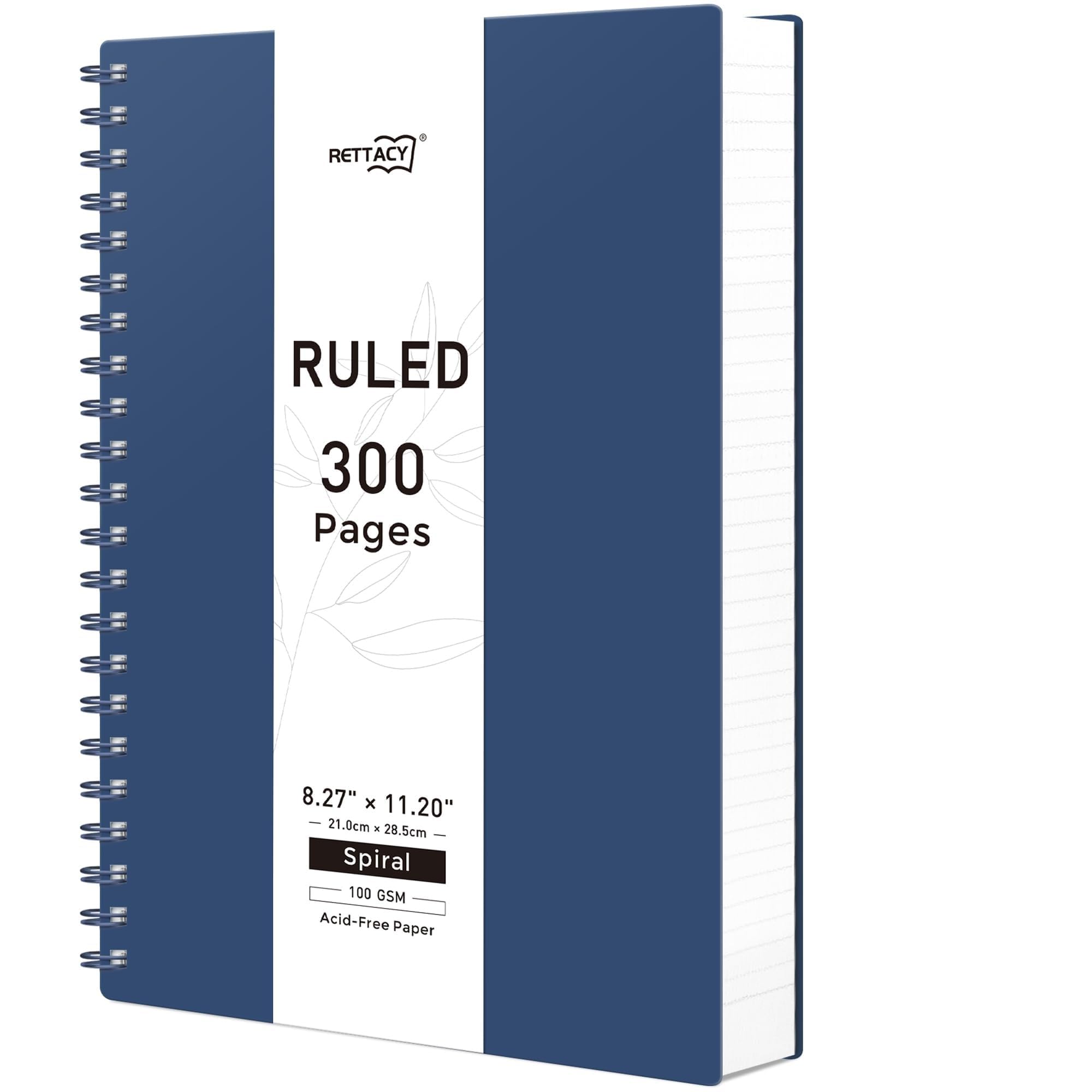 RETTACY A4 Lined Notebook, Thick Spiral Journal with 300 Perforated Pages/150 Tear Sheets for Writing,100gsm College-Ruled Paper, DIY Function Accessory, 21.5 x 27.9cm -Dark Blue
