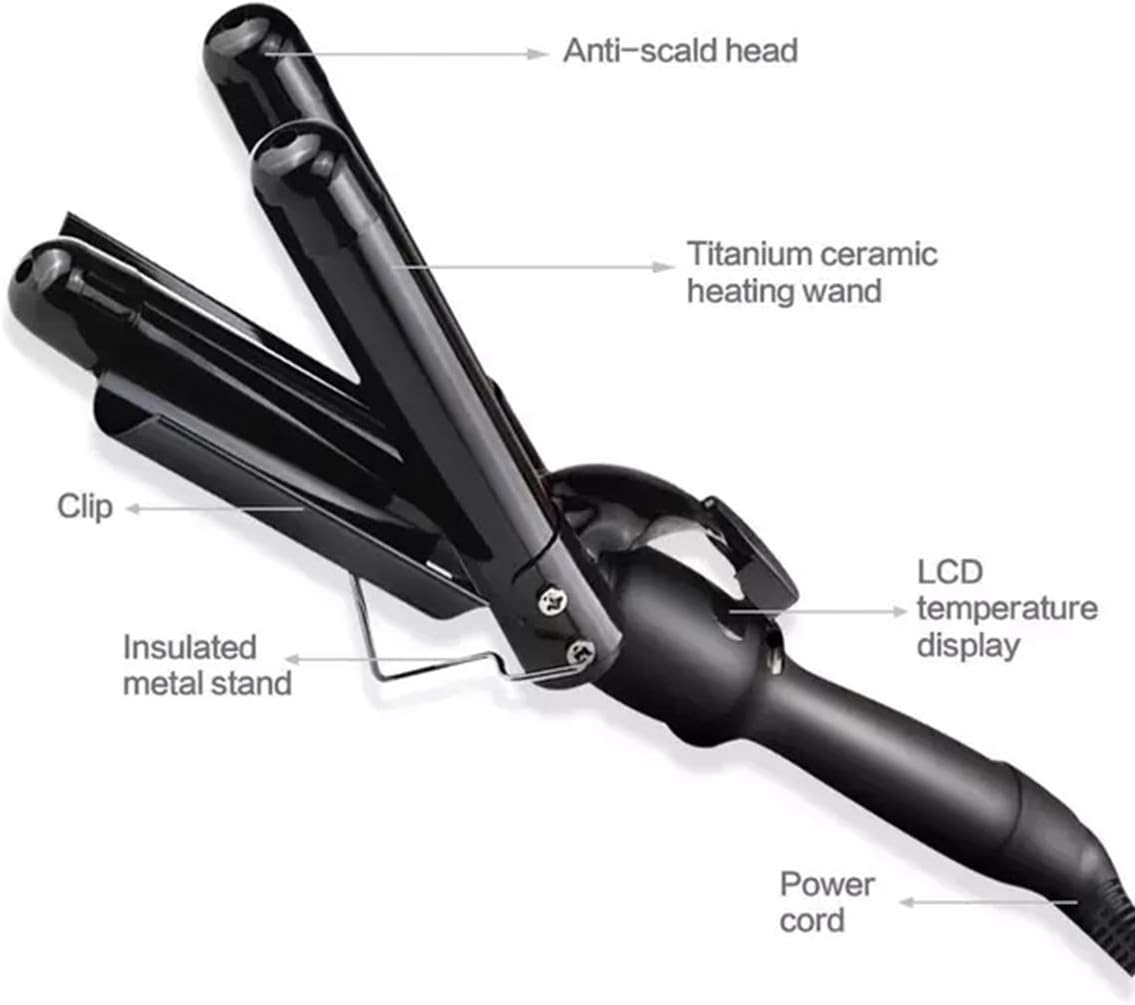 3 Barrel Curling Iron Ceramic Hair Waver Curler with LCD Temperature Display 22mm(0.9 inch) Hair Curling Wand Portable Hair Styler for Travel Heats Up Quickly with Heat Resistant Glove (Black): Health & Personal Care
