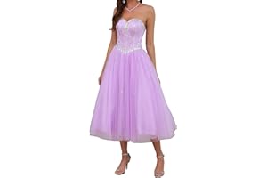 Likedpage Women's Strapless Tea Length Prom Dress, Tulle Ball Gown with Crystal Beading, Corset Back