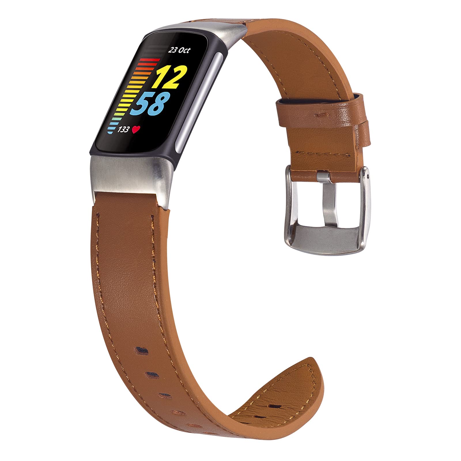 Nigaee Strap Compatible for Fitbit Charge 5/Charge 6, Genuine Leather Straps Replacement Bands Compatible with Fitbit Charge 5/Charge 6, Women Men,Brown