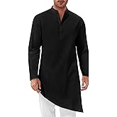 Runcati Mens Kaftan Robe Thobe Cotton Long Sleeve Henley Shirt Casual Muslim Gown Kurta Tops