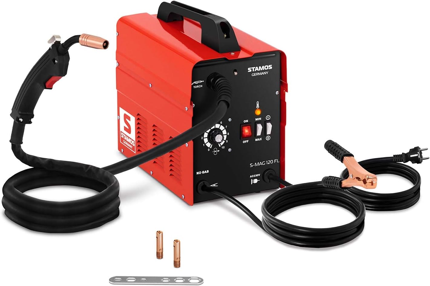 Stamos Germany MIG/MAG Gasless Welder Flux Core Welder FCAW Flux-Cored Arc Welding Machine Flux-Cored Wire 120A S-MAG 120 FL (230V, 50Hz, Internal Wire Feeder, Wire Diameter 0.8-0.9mm, Duty Cycle 10%)