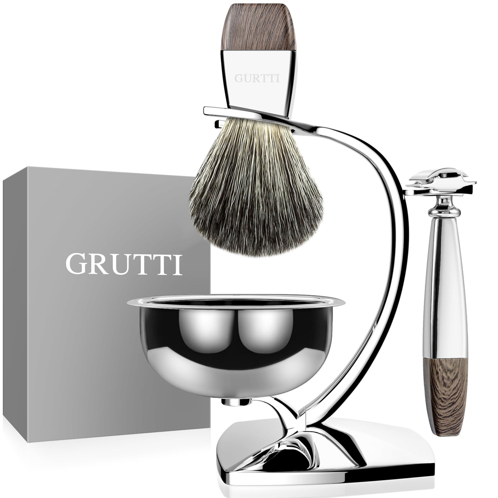 GRUTTI Vintage Deluxe Shaving set: Wet Shave Kit with Magnetic Bowl, Stainless Steel Stand & Anti-Slip Design