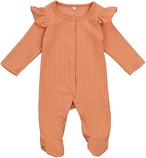 Amazon Co Jp 赤ちゃんかわいいフリル長袖のソリッドカラーのニットワンピースパジャマユニセックス女の赤ちゃん男の子と足リブジャンプスーツ 色 Orange Size 3m ホーム キッチン