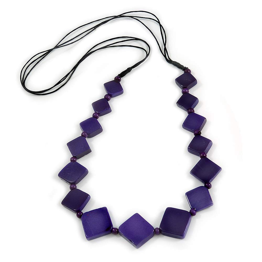 Avalaya Deep Purple Bone Square Bead Black Cotton Cord Long Necklace/possible natural irregularities/ 82cm L