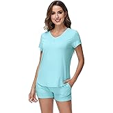 WiWi Pajamas for Women Bamboo Viscose V-neck Pajama Sets Soft Short Sleeve Nightwear with Pockets S-XXL
