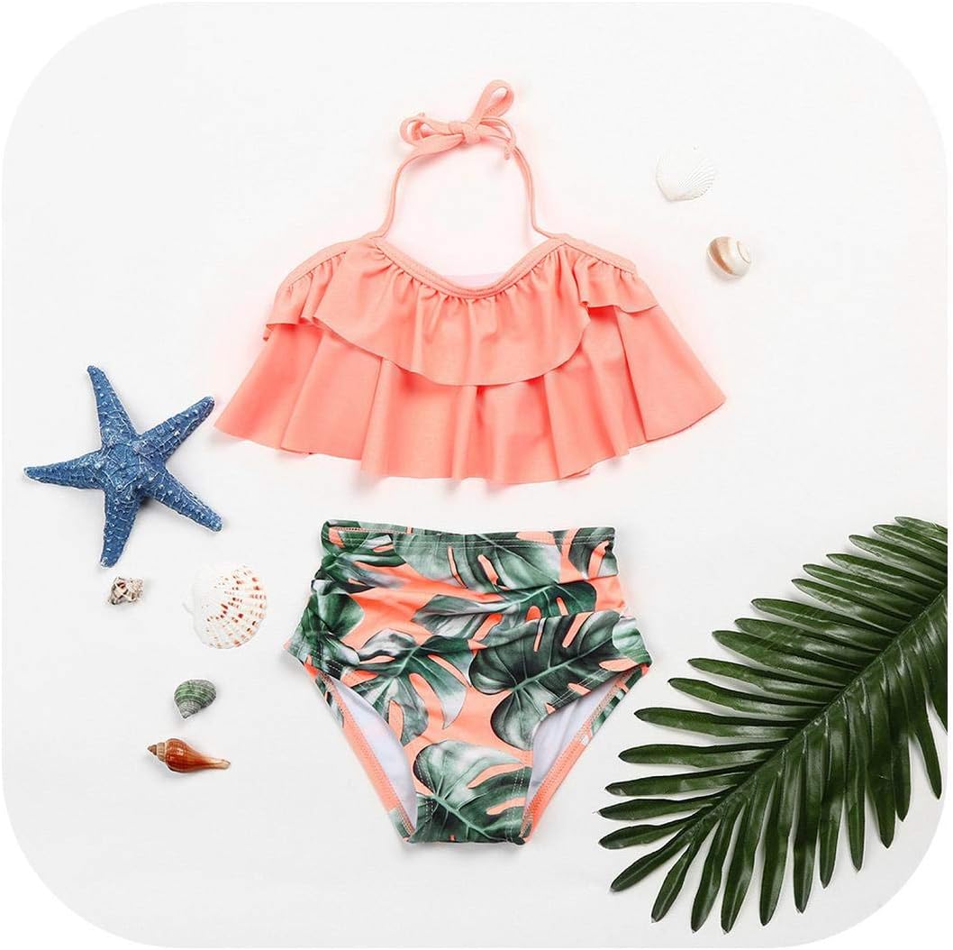 Swimsuit Girls Two Pieces Swimwear Kids Children Ruffles Print Bandage