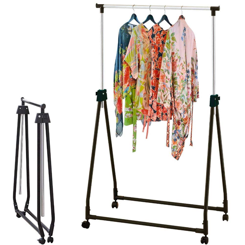 BAKAJI Adjustable Single Folding Hanger Stand in Steel and Hard Plastic, Telescopic Rods, Easy to Assemble with 4 Wheels, Display Shop, Professional Clothes Hangers (Black)