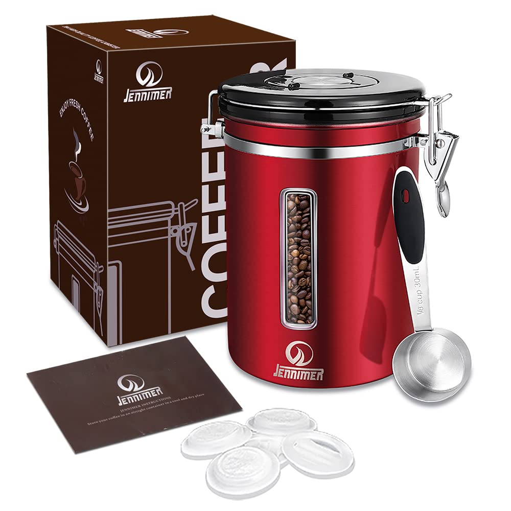 Photo 1 of JENNIMER Coffee Canister - Large, Stainless Steel Airtight Coffee Containers with Transparent Window,Date Tracker, CO2-Release Valve and Measuring Scoop for Freshness of Storage Coffee (Red)