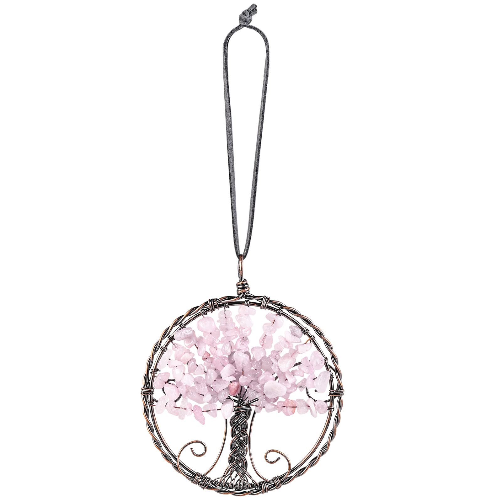 Nupuyai Rose Quartz Tree of Life Hanging Ornament, Energy Crystals Healing Stone Feng Shui Ornament Home Window Wall Art Good Luck Car Office Decor