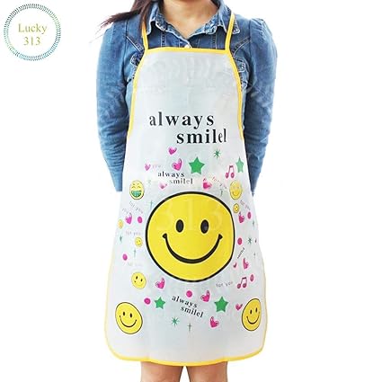 Lovely Cartoon PVC Apron Sleeveless Waterproof Anti-Oil Smiley Printed Aprons for Kitchen Cooking Waist Bib Creative Women Apron Household(Set of 3)