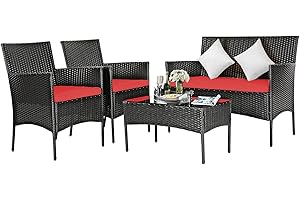 DORTALA 4 Pieces Patio Furniture Set, Rattan Conversation Set with Coffee Table & Cushions, Outdoor Wicker Sofa Set for Pools