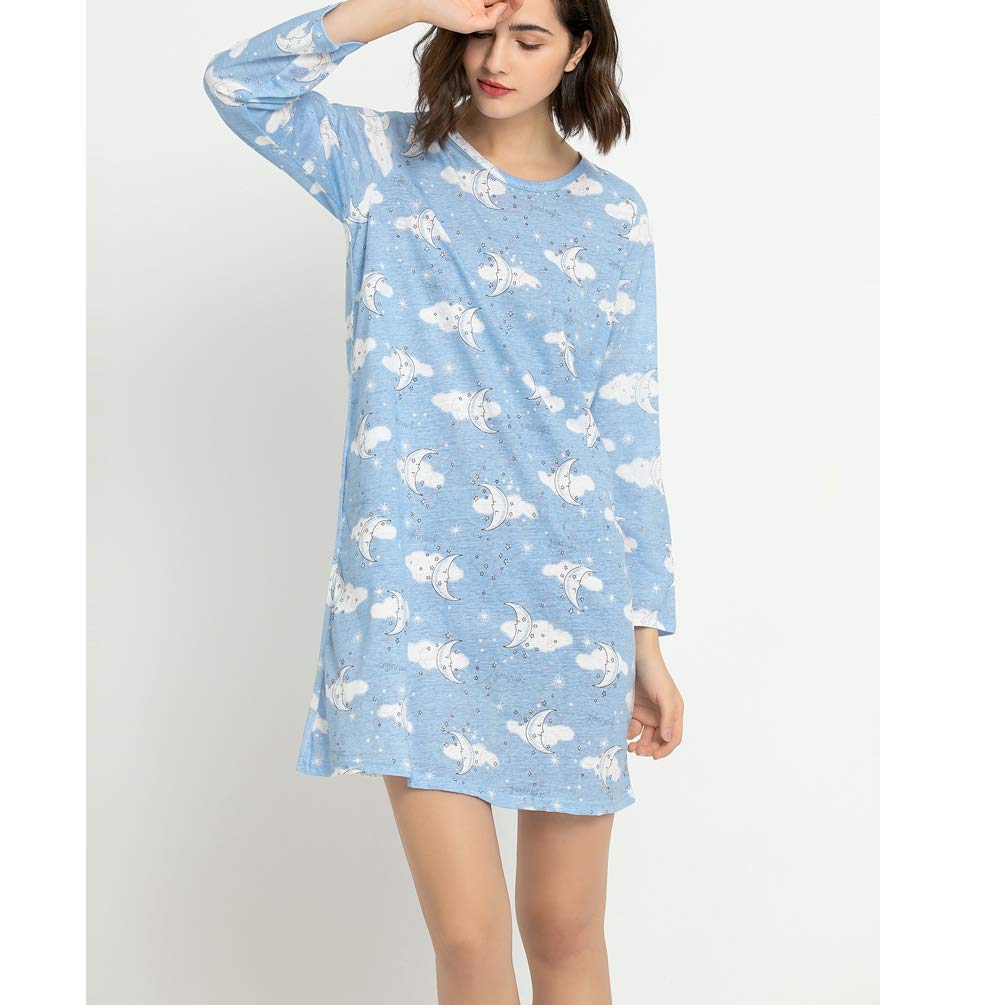 ENJOYNIGHT Women\'s Cotton Sleepwear Long Sleeves Nightgown Print Tee Sleep Dress (Large, Moon)