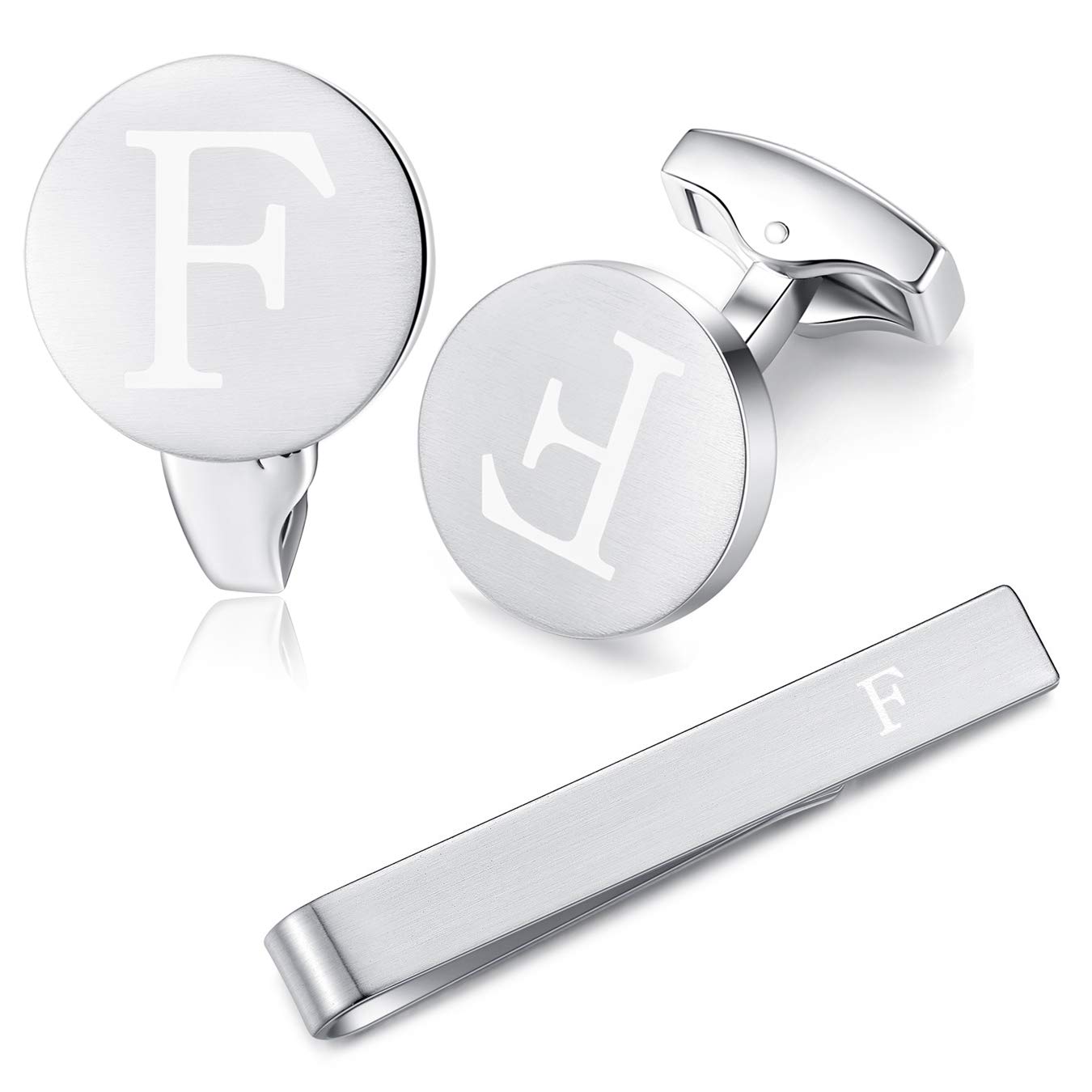 HONEY BEAR Initial Alphabet Letter Cufflinks Skinny Tie Clip Set for Mens Shirt - Round Stainless Steel, for Skinny Narrow Tie Business Wedding Gift,Brushed Silver,4cm (F)