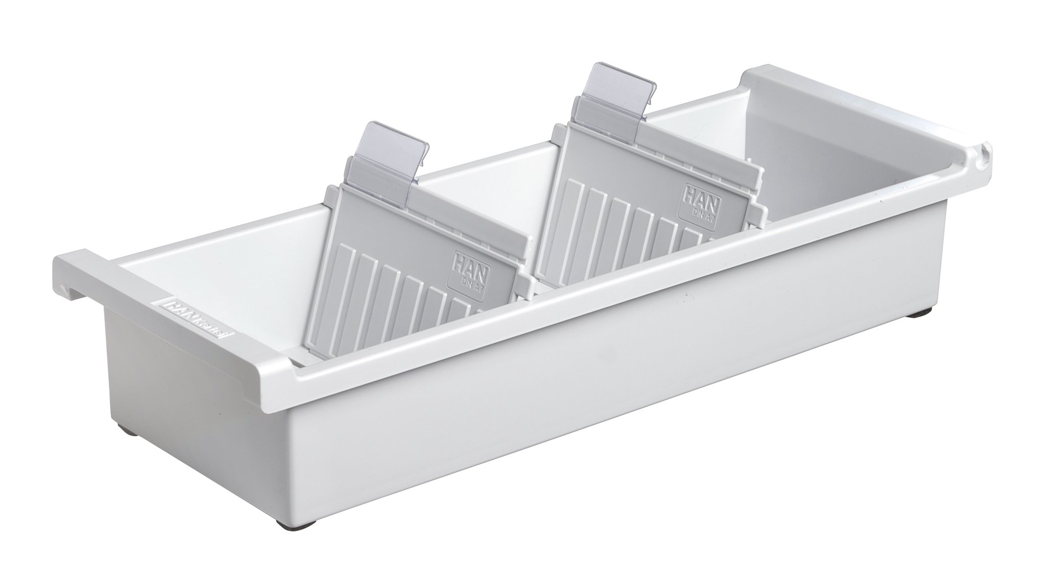 HAN 957-0-11, Card index tray A7 landscape. Innovative, attractive design holds 1,300 cards, supplied with 2 support plates with clear file clips, light-grey