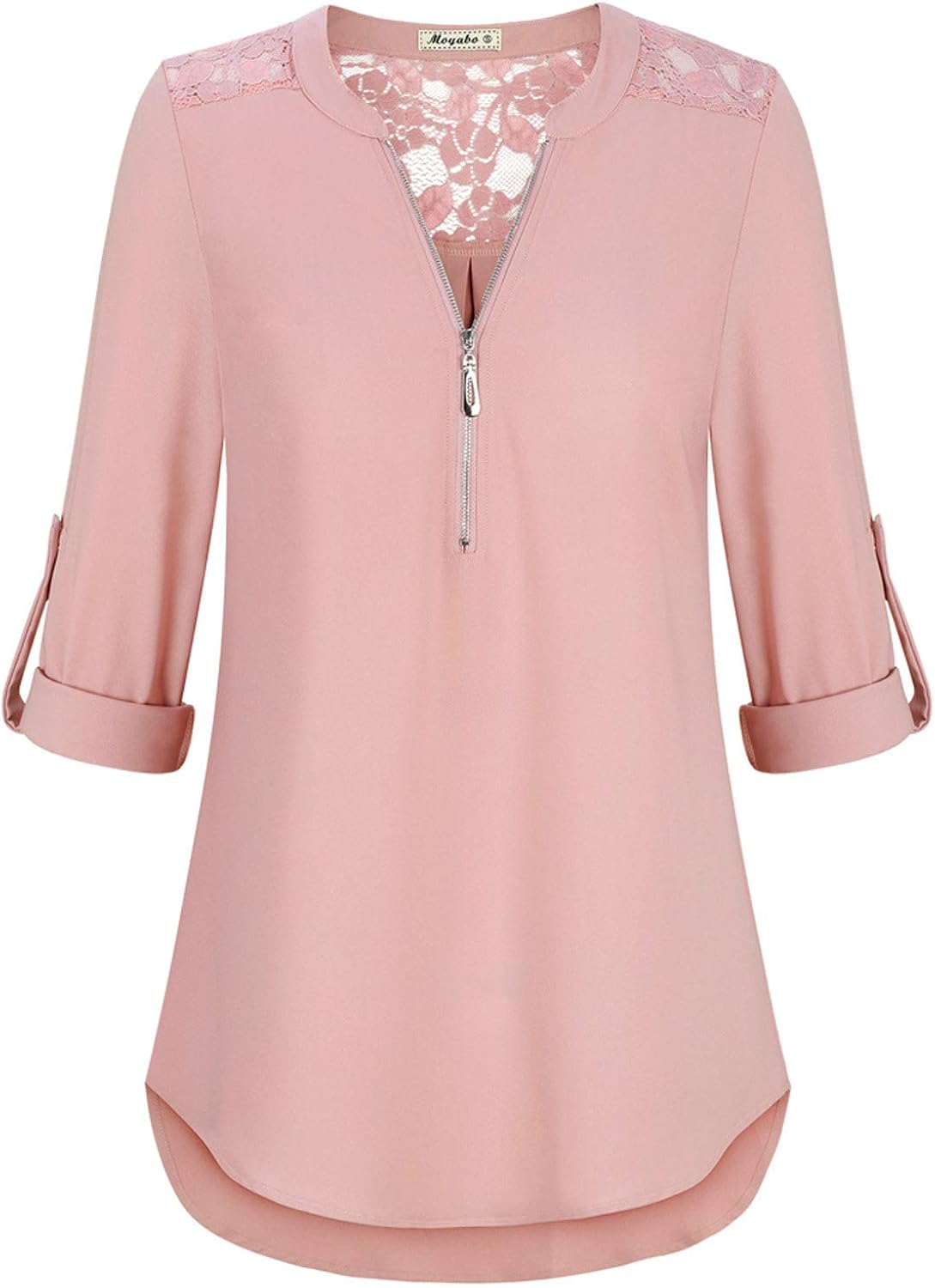 Moyabo Womens Lace Patchwork 3/4 Cuffed Sleeve V Neck Zip Up Chiffon Shirt Casual Blouse Tunic Tops