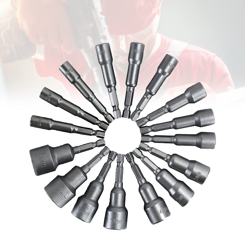 Oubesty Magnetic Nut Setter Driver Drill Bit Set , 6-19mm Metric Nut Setter Driver 1/4 In Hex Shank Quick Change Metric Nut Driver Set Magnetic Hexagon Socket Electric Screwdriver Handle Tools 10pcs