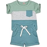 KAFIREN Baby Boy Clothes Toddler Boy Summer Outfits Short Sleeve Patchwork Top T-shirt & Pocket Pant Set 2 Piece 12 Months-4T