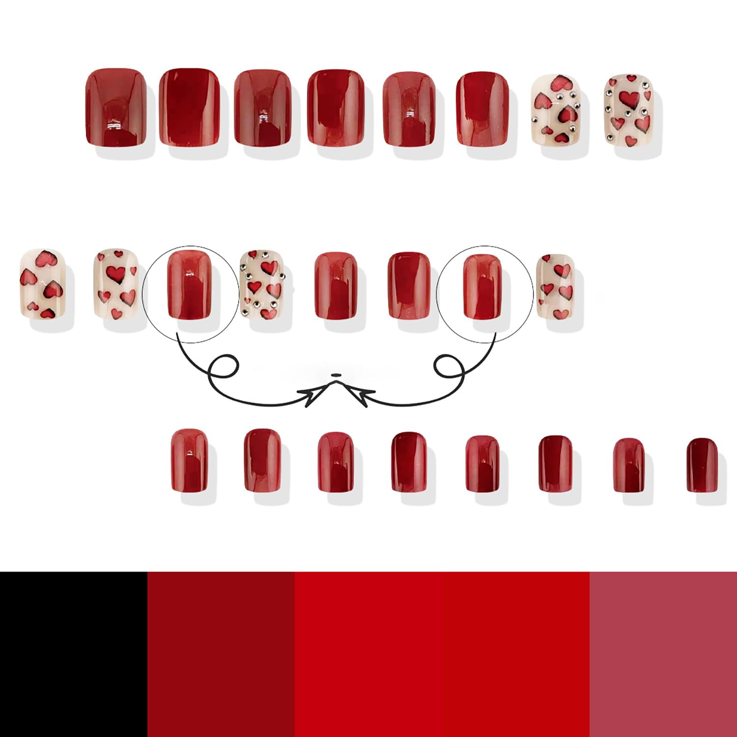 Valentines Press On Nails Short Square Fake Nails Red Heart Nails Press Ons Valentines False Nails With Heart Rhinestone Designs Full Cover Glue On Nails Glitter Stick On Nails For Women - Image 5