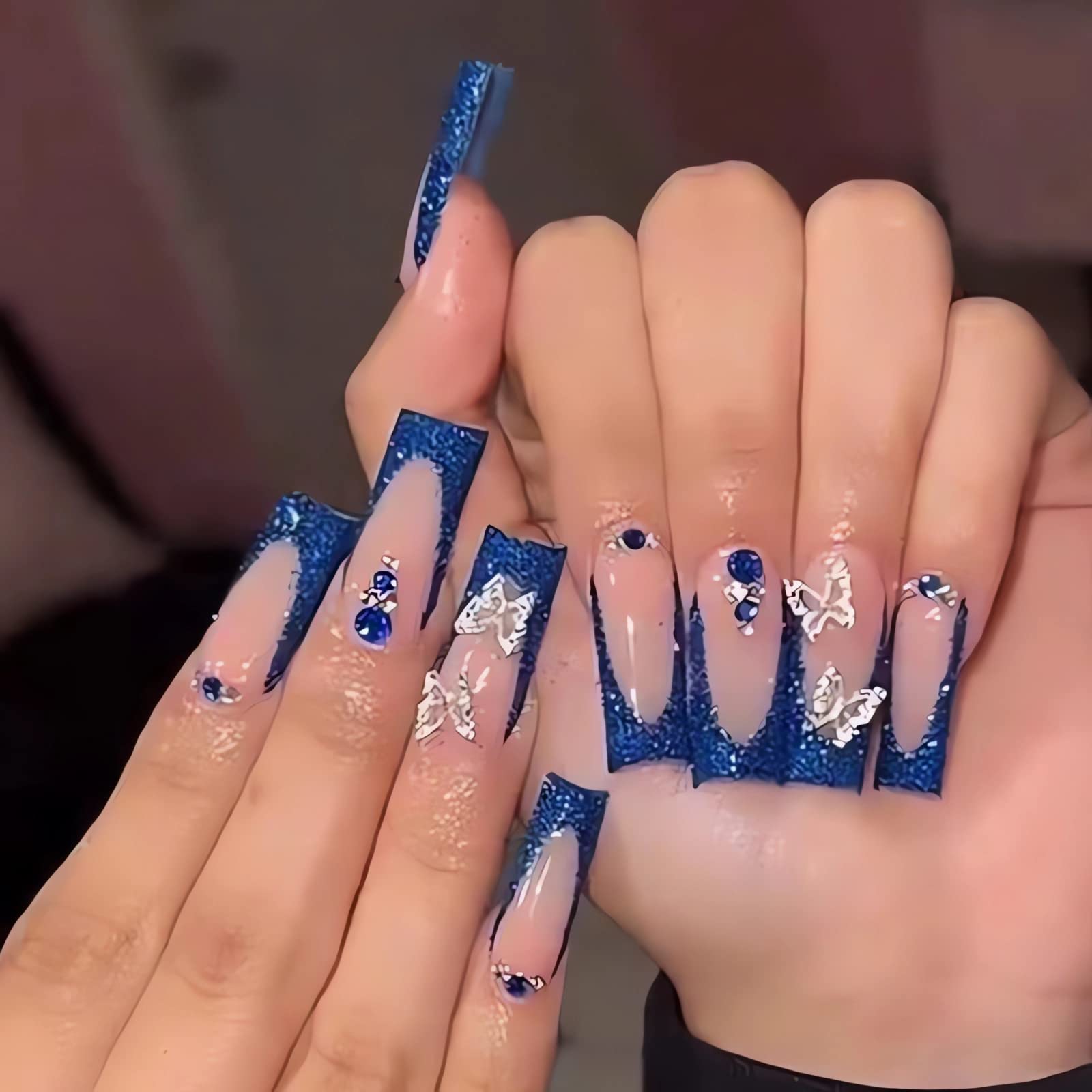 IMSOHOT Long Press on Nails Coffin French Tip Fake Nails Blue Butterfly Rhinestone False Nails with Designs Full Cover Acrylic Nails Glossy Glitter Glue on Nail for Women 24pcs