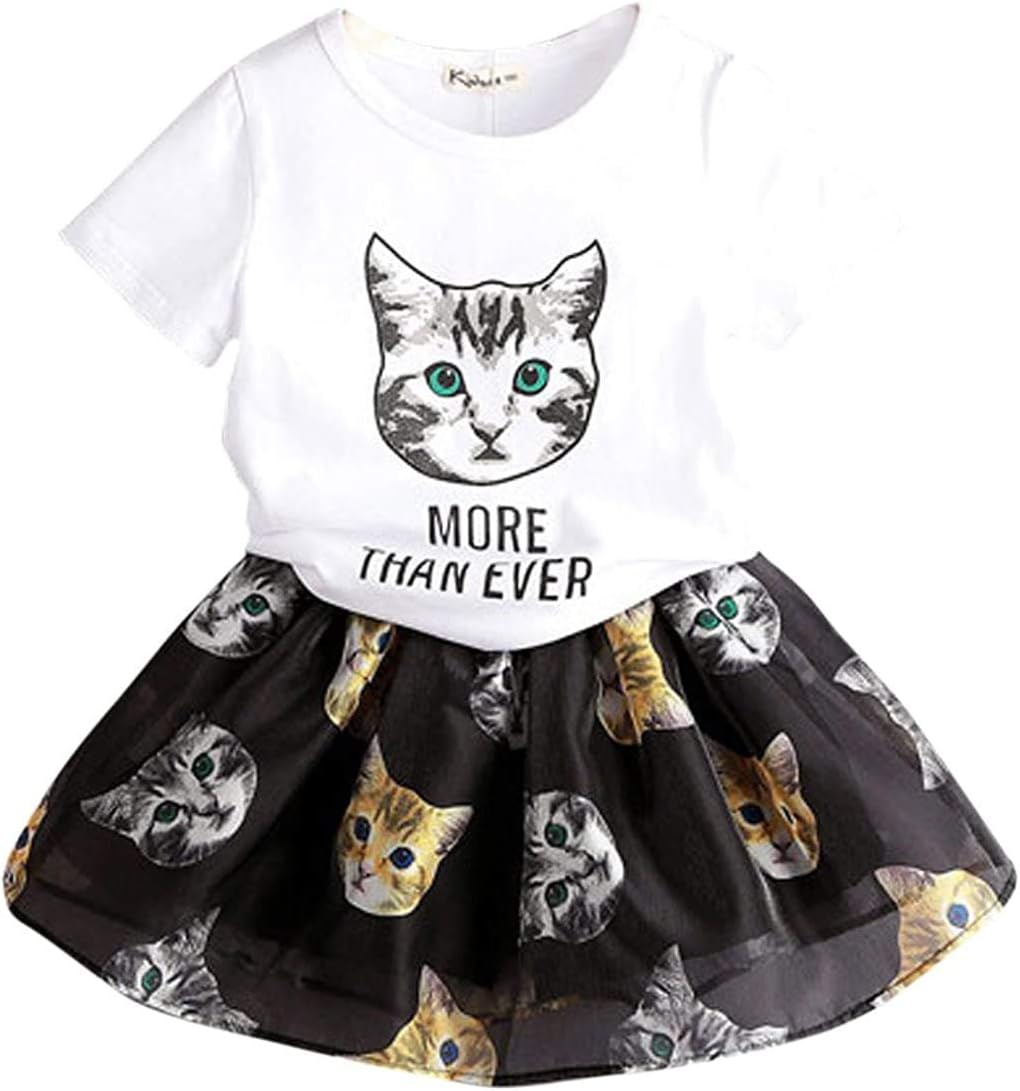 FANCYKIDS Little Girls Toddler Cute Cats Kids Dress Birthday Top Shirt Skirt Set Outfit
