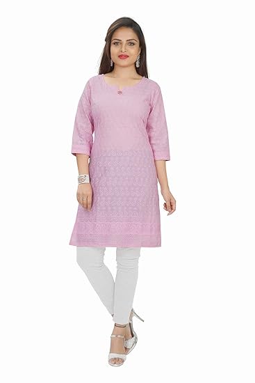 Casual & Daily Wear Cotton Chikankari Embroidery Kurti Dress for ladies and Girls in Pink.