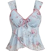 WDIRARA Women's Plus Size Floral Print Mesh Crop Top Asymmetrical Tank Tops