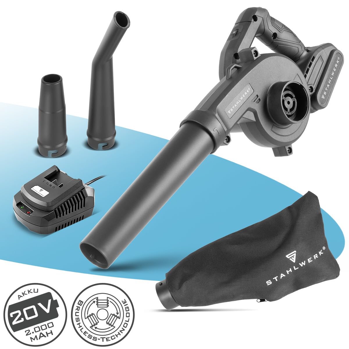 STAHLWERK 2-in-1 Akku-Laubbläser & Staubsauger MAG-20 ST – 20 V mit 2 Ah, kompakter Brushless Bläser für Garten, Straße, Werkstatt & Auto, handlicher Mini-Laubbläser bis zu 98 m/s und 18.000 U/min 2