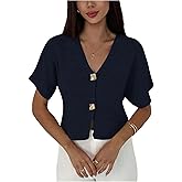 SOLY HUX Women's Short Sleeve Office Spring Winter Cardigan Sweater Button Down V Neck Slim Fit Elegant Knit Tops