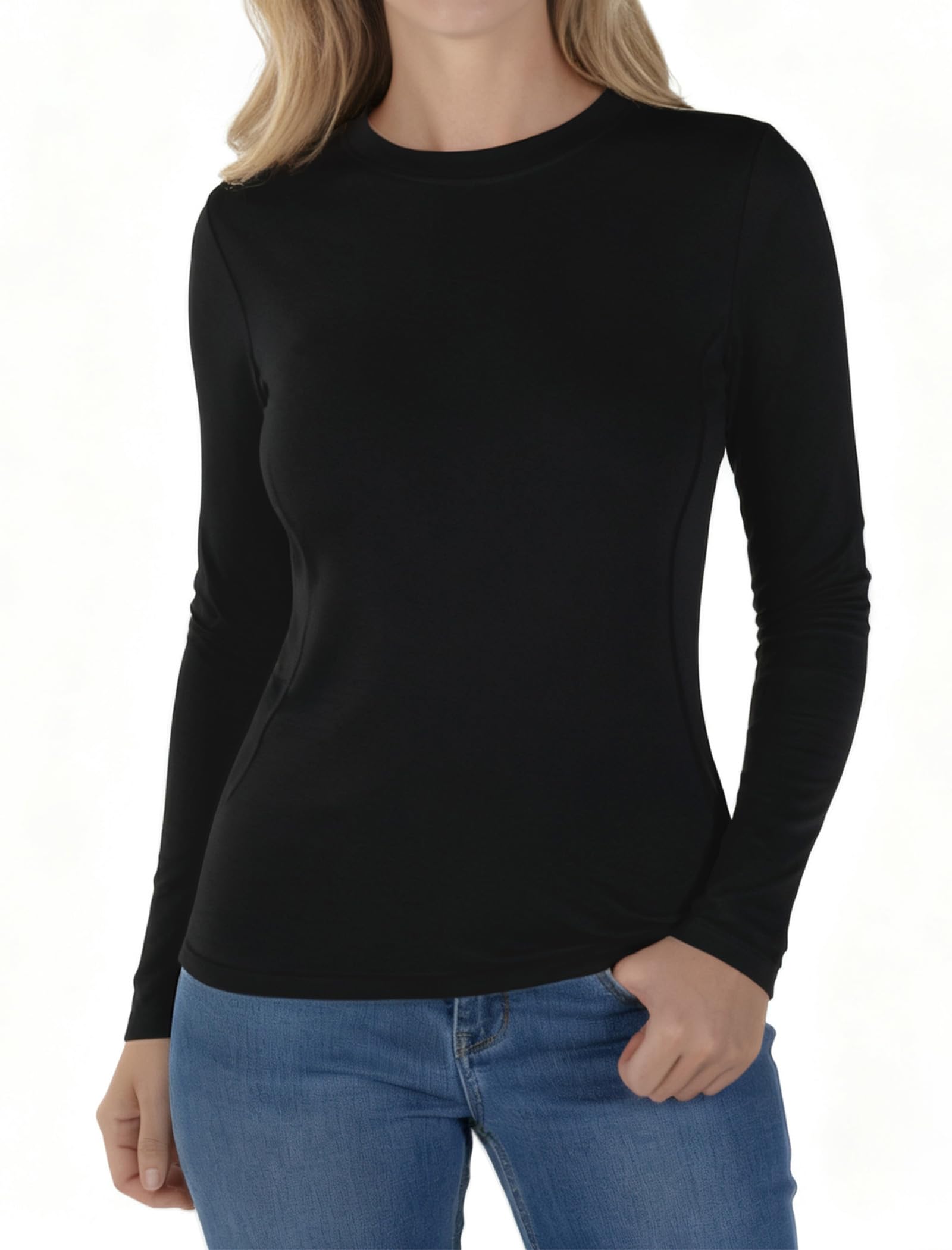Photo 1 of ***SMALL LOOKING LARGE*13.5" ACROSS BACK & 14" ACROSS BUST***Womens Long Sleeve Thermal Shirts, 2025 Fall Winter Crew Neck Fitted Shirt for Women, Comfortable Stretch Basic Tight Long Sleeve Underwear Tops, Black (L)***SMALL LOOKING LARGE*13.5" ACROSS BAC