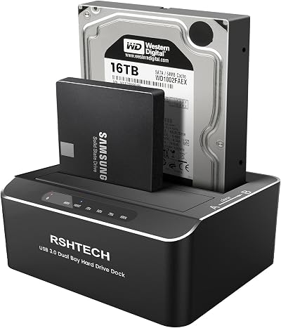 RSHTECH Dual Bay HDD Docking Station SATA SSD Clone USB 3.0 16TB Tool-Free
