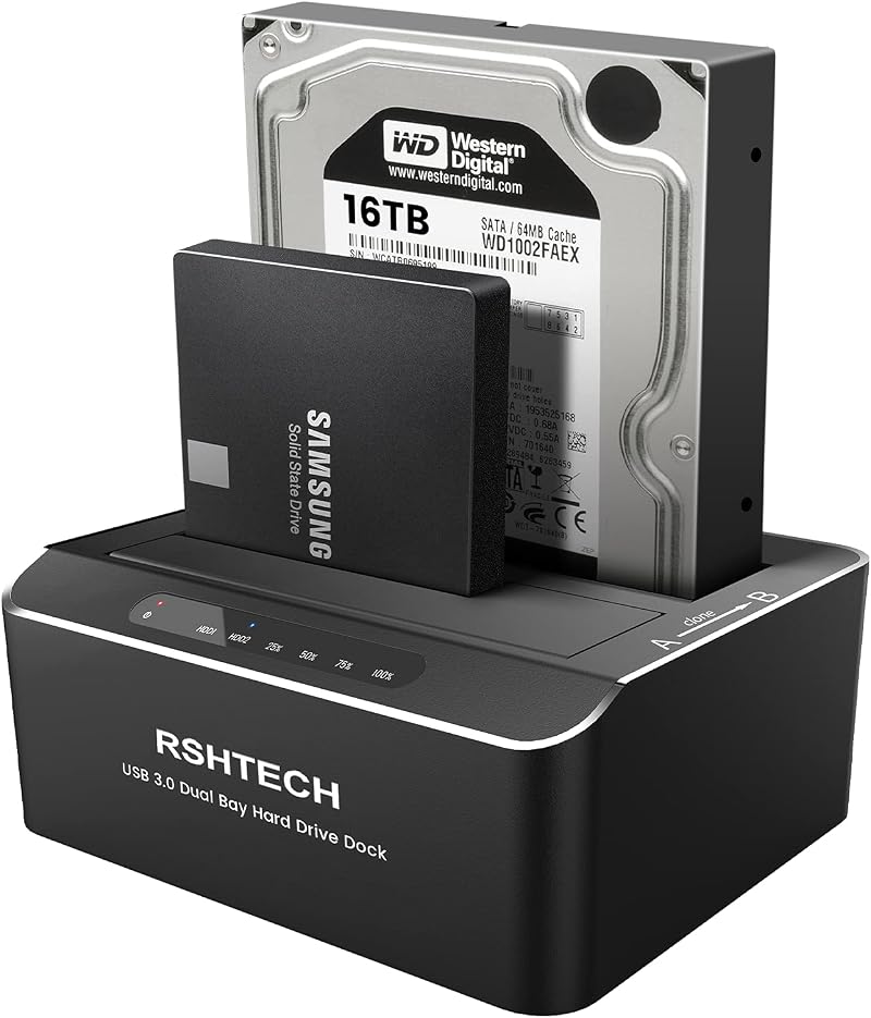 RSHTECH Dual Bay HDD Docking Station SATA SSD Clone USB 3.0 16TB Tool-Free