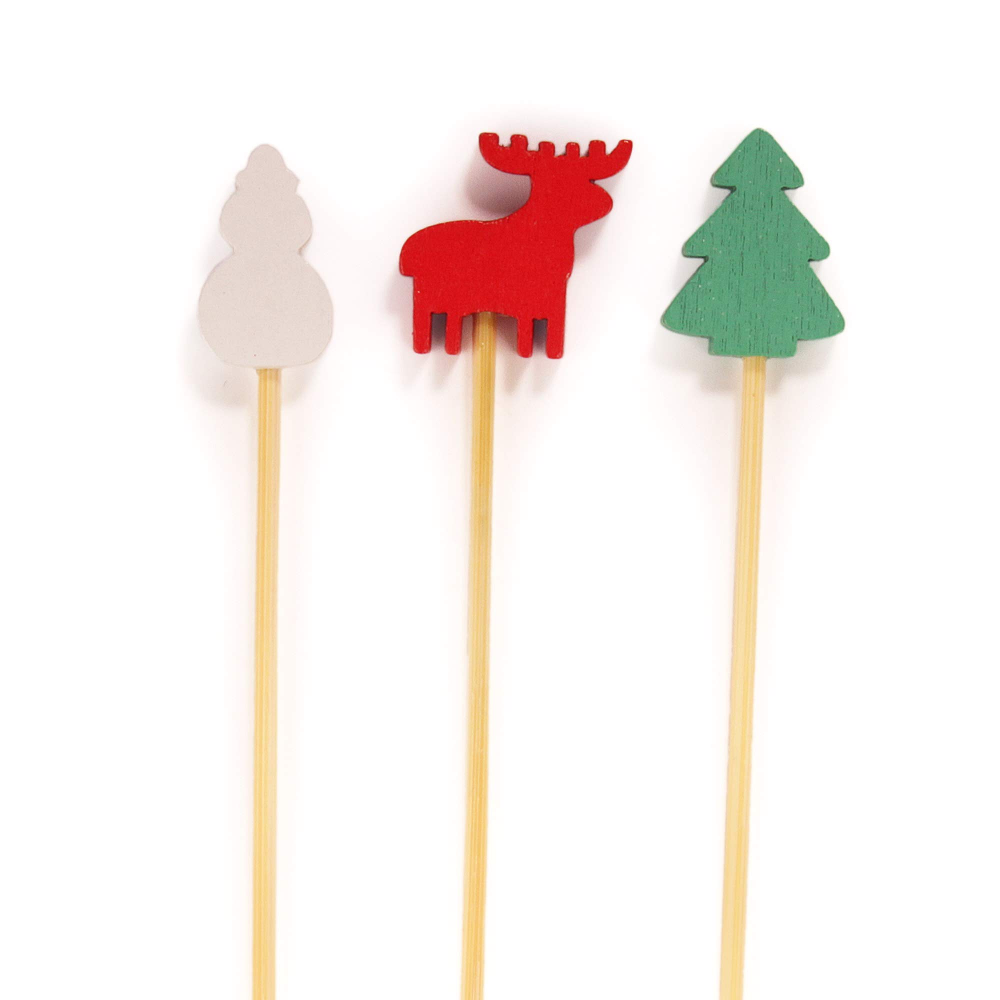 BambooMN - Christmas Holiday Bamboo Party Picks Skewers for Fruit Sandwiches Cocktails - 5.9" (15cm) - Pinetree, Reindeer, Snowman - 300pcs