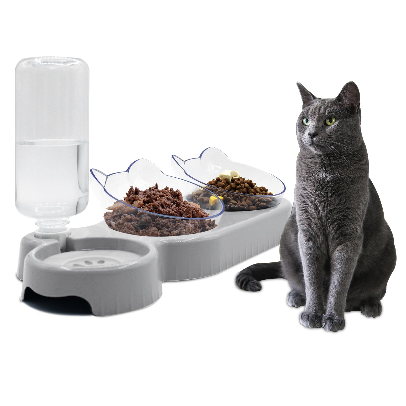 Photo 1 of Triple Cat Bowls - 3-in-1 Water Feeder & Food Bowls with Automatic Water Bottle, Whisker Friendly, Elevated Feeding Dishes for Small Cats & Puppies (Lead White)