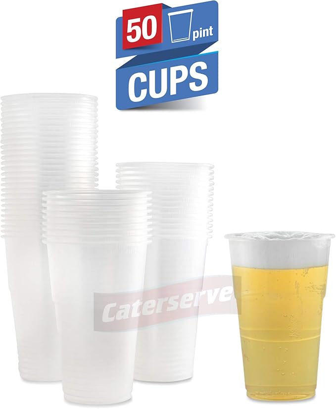 Disposable Large Plastic Pint Glasses Strong Beer Cups Great Quality Clear Recyclable PP (Full