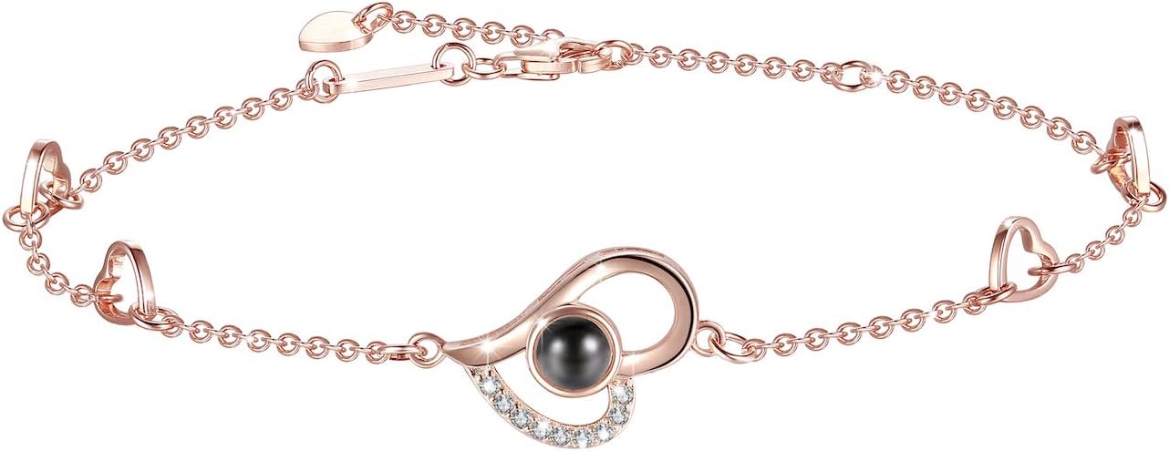 OneSight Women Love Heart Projection Bracelet or Anklet Jewelry, 925 Sterling Silver Memory of Love Bracelet or Anklet - 100 Different Languages for I Love You