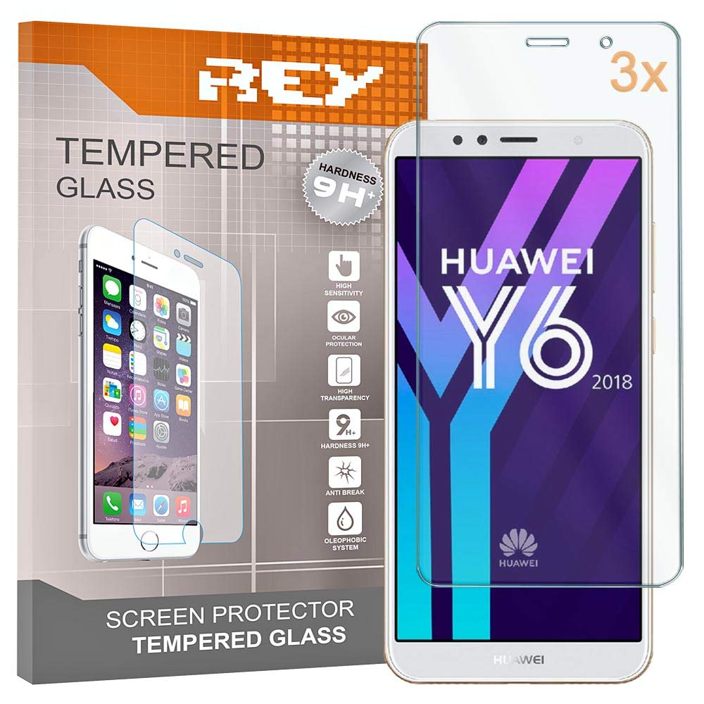 REY Screen Protector for HUAWEI Y6 2018, Tempered Glass Film, Premium quality, [Pack 3x]