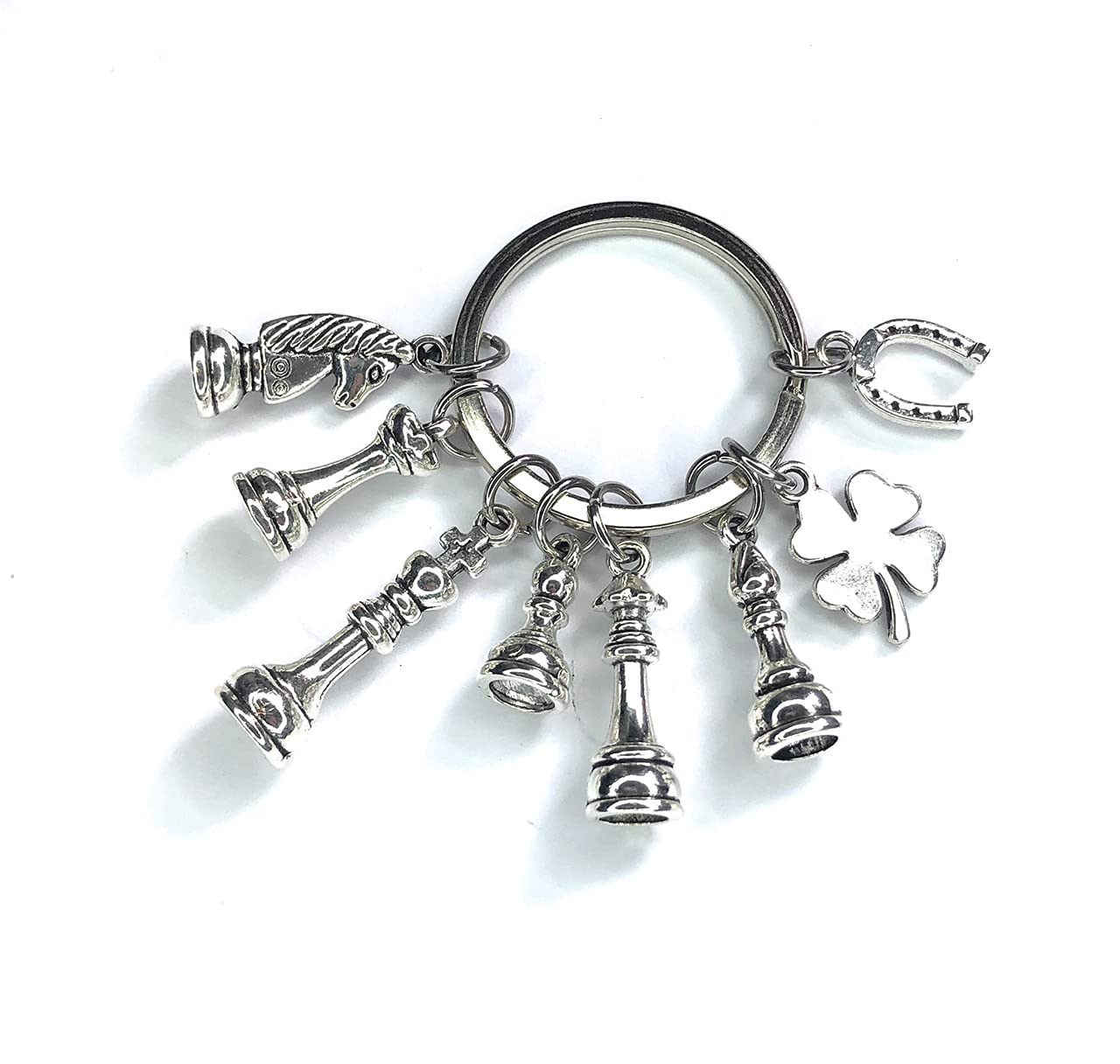 FizzyButton Gifts Chess Player Charm Keyring Key Ring in Gift Bag with Chess Pieces, Horseshoe and Four Leaf Clover Charms