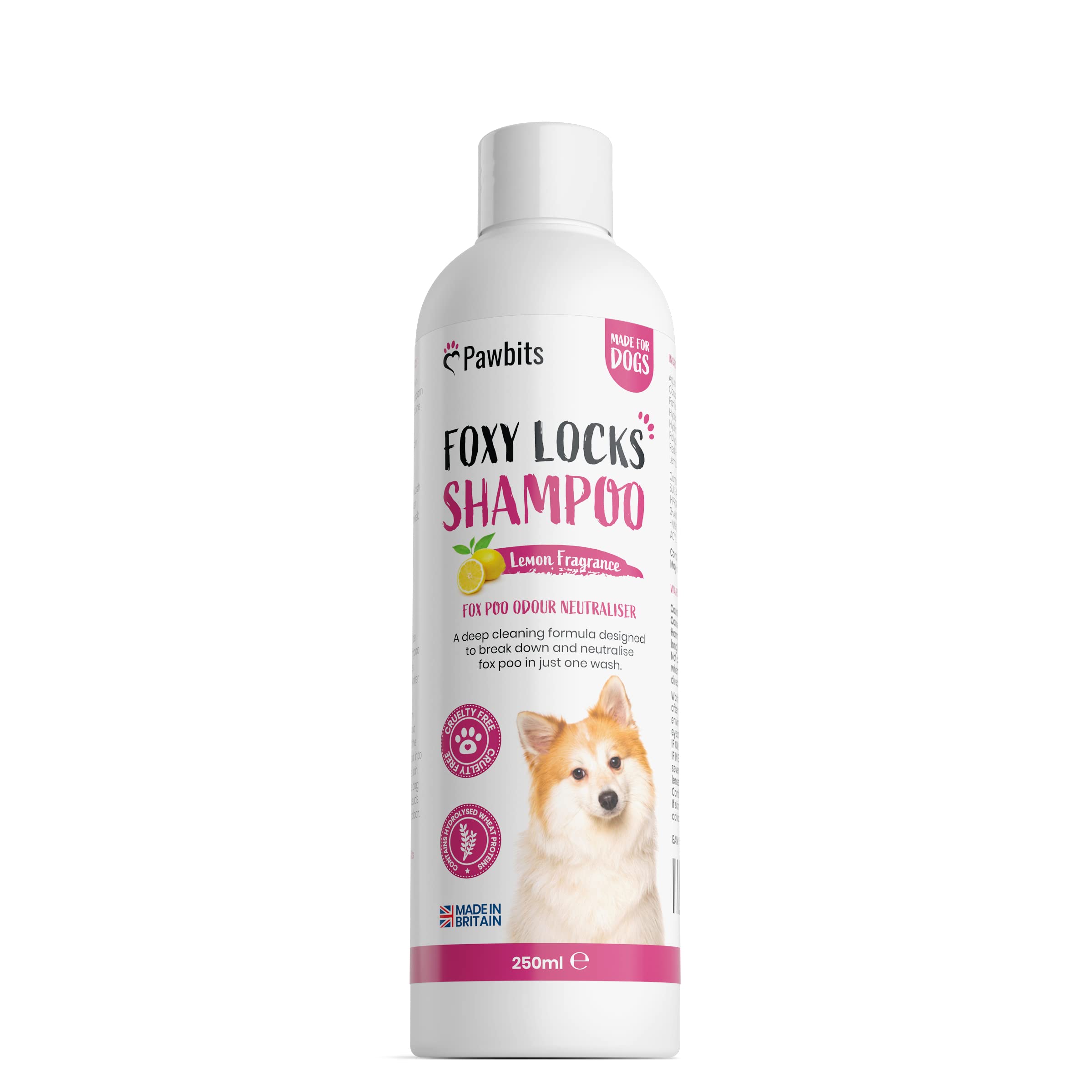 Pawbits Foxy Locks Dog Shampoo For Smelly Dogs to Help Remove Fox Poo 250ml – A Concentrated Lemon Scented Formula for Deep Cleaning, to Neutralise Strong Odours