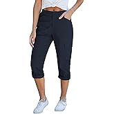 GRAPENT Cargo Capri Pants for Women High Waisted Relaxed Fit Elastic Knit Waist Casual Capris Trousers Cropped Pants